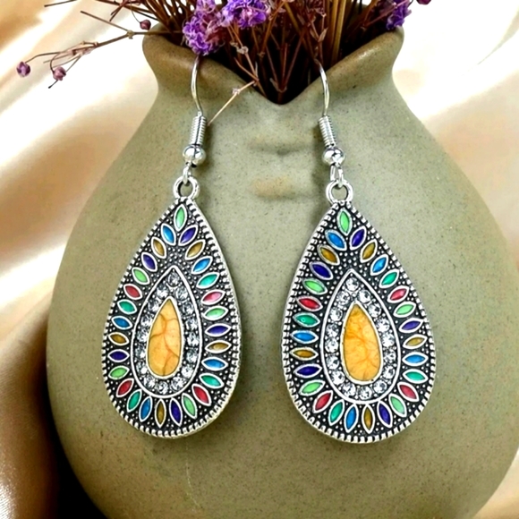 BOHO Silver Earrings Rhinestone Earrings Silver Drop Earrings Teardrop Earrings - Picture 2 of 10